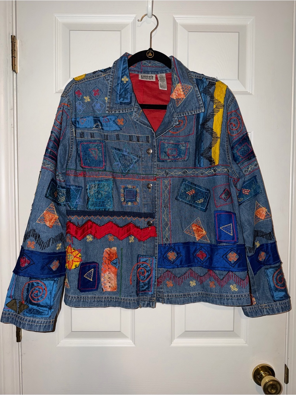 Vintage Chicos Design Patchwork Denim Jacket Embroidered Wearable Art Silk 90s